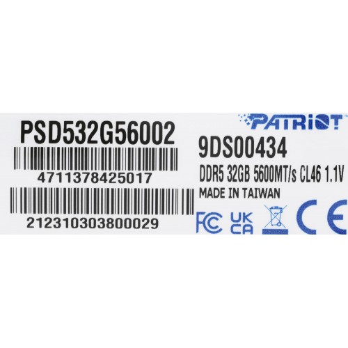 Оперативная память DDR5 32GB 5600MHz Patriot PSD532G56002 - Высокоскоростной Модуль DIMM 288-pin для Игровых ПК и Рабочих Станций