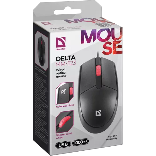 Defender Проводная оптическая мышь Delta MM-523 черн,3D,бесшумная,1,8м,1000dpi Defender