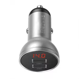 Baseus 24W Dual USB Car Charger with Digital Display - 4.8A, Silver