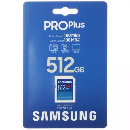 Флеш карта SDXC 512Gb Samsung PRO Plus Class 10: Высокая скорость чтения и записи до 180 МБ/с и 130 МБ/с, A2, V30